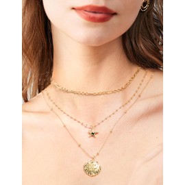 TOVABA Gold Layered Necklaces for Women Cute Shell Charm Simple Starfish Summer Beach Pendant Adjustable Layering Chain Dainty Sea Shell Choker Necklaces Set