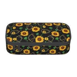 HKHEHOP Golden Sunflower Art Pencil Case Big Capacity Storage Pencil Pouch Stationery Bags With Zipper Portable Pen Holder Box Organizer For Boys Student College School Office Supplies