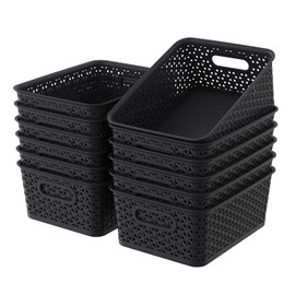 Gainhope 12 Packs Plastic Baskets with Handle, Woven Storage Organizer Bins for Home, Bathroom, Classrooms, Office, School, Black