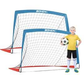 BOHEN 5x3ft Kids Soccer Goal Set of 2 for Kids and Youth Outdoor Indoor with Carrying Bag Foldable Portable Soccer Net and Easy to Install(5x3ft, Blue-Red, 2-Pack)