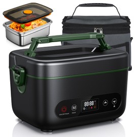 Dnin Cordless Electric Lunch Box, Battery Powered Heated Lunch Box, 1.2 Liter Food Insulated Lunchbox with Fork and Spoon Insulated Carrying Pouch for Office, Truck, Outdoors (Black+Green)