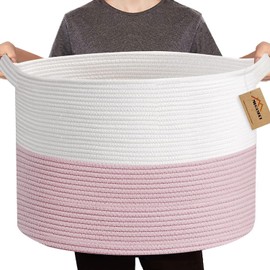MEGASKET Pink Storage Baskets for Organizing, 22"X22"X14" XXXL Blanket Basket Living Room, Large Toy Basket, Soft Pink Cotton Rope Woven Baskets for Storage, Decorative Gifts Basket Bins for Nursery
