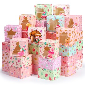 ForraFun 120 Pcs Christmas Cookie Boxes Pink Pastel Christmas Treat Boxes 12 Design Exchange with Window for Gift Giving Bakery Pastry Dessert Cupcakes Brownies Snacks Macaron Candy Party Favor