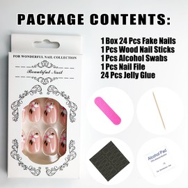 KTAABTR 24Pcs Flowers Press on Nails Almond Short Pink Fake Nails with Flowers Design Flowers Acrylic Nails Stick on Nails Full Cover False Nails with Glue on Nails for Women And Girls