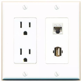 RiteAV Power Outlet and CAT5E USB2 Wall Plate Decorative [White]