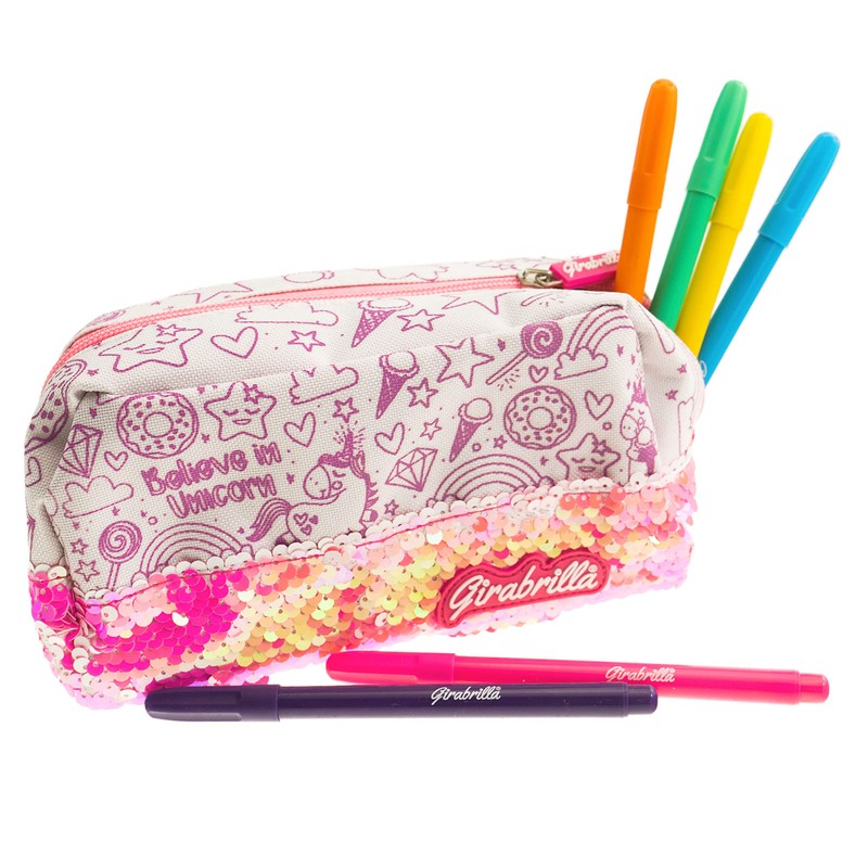 Girabrilla Unicorn Striped Sequin Pencil Case with Accessories