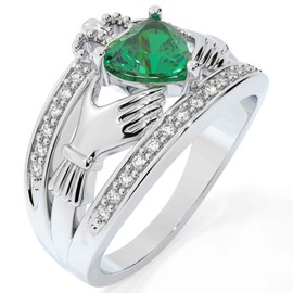 Luyona Claddagh Ring for Women 925 Sterling Silver Irish Claddagh Engagement Anniversary Wedding Promise Ring with Birthstone/Natural Moss Agate, Free Engraving, Size 7, Cubic Zirconia