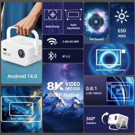 Topleo Smart Home Theater Projector Android 14 for Outdoor 1080P Video Android Smart Projectorcolor: White, accessories: Bag