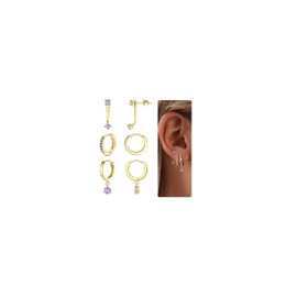 RIOSO 3 Pairs Birthstone Earring Set for Women Gold Hoop Stud Earring Stack 3 Holes Non Tarnish Dainty Earrings Set for Multiple Piercing