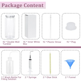 Maucircol 15 Pack Acrylic Snow Globe Tumbler, 20 Oz Pre Drilled Double Wall Snow Globe Supplies Kit, Plastic Snowglobe Tumbler DIY Kit Including Cups and DIY Tools