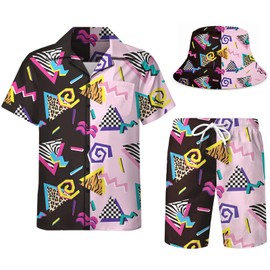 Spanoous Mens Hawaiian Shirts and Shorts Set Funny Hawaiian Shirts for Men Beach Outfits Sets with Bucket Hats, Color-13, XX-Large
