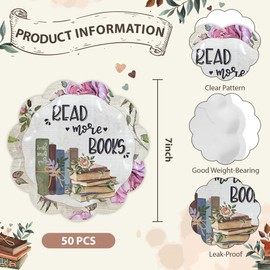 50 Pcs Book Themed Party Tableware Decorations, 7 inch Book Club Party Plates Scalloped Floral Paper Plate Reading Club Decorative Plate Set Disposable for Birthday Baby Shower Bridal Party Wedding