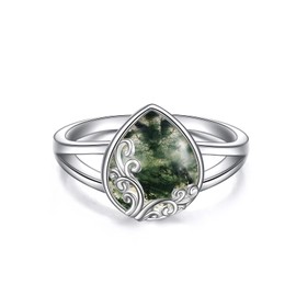 POPLYKE Moss Agate Filigree Band Ring Sterling Silver Gemstone Stones Jewelry Gift for Women 10 Size