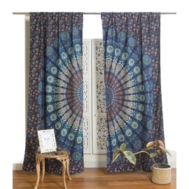 Popular Handicrafts Indian Hippie Bohemian Style Beautiful Peacock Mandala Printed Curtains Panels Blue Tare