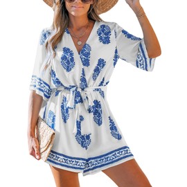 CUPSHE Women's Jumpsuit V-Neck Short Sleeve Romper with Belt Wide Leg Ethnic Jumpsuit Elegant Loose Trouser Suit, white/blue