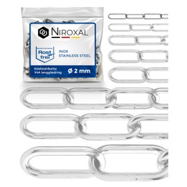Stainless Steel Chain V4A A4 Long Link DIN 763 / DIN 5685 - 2 mm x 8 m - Pack of 1 - for Decorative & Light Applications