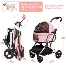 BETSOCCI Pet Stroller for Medium Small Dog & Cat, Foldable Lightweight Dog Stroller with Storage Basket Pet Travel Carriage with Safety Leashes, 4 Wheel, Pink