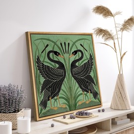 MUDECOR Framed Canvas Print Wall Art Vintage-Inspired Black Birds with Green Background Illustrations Realism Decorative Scenic Panoramic Earth for Living Room, Bedroom, Office - 16"x16" Natural