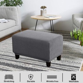 VIENLOVE Rectangle Ottoman Slipcover Polyester Blend Footstool Protector Covers Stretch with Elastic Bottom Feature Textured Machine Washable Jacquard Fabric (Gray, X-Large)