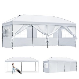 10x20 Pop Up Canopy with 4 Sidewalls, Outdoor Canopy Tent Heavy Duty for Backyard, 3 Adjustable Height Wedding Party Tent with Wheeled Bag,4 Sand Bags,12 Stakes,6 Wind Ropes (White, 10 * 20)