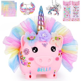MHJY Piggy Bank for Kids Unicorn Money Box Girls Unbreakable Resin Child Saving Bank Cute Large Coin Banks with Necklace Bracelet DIY Stickers Birthday Set