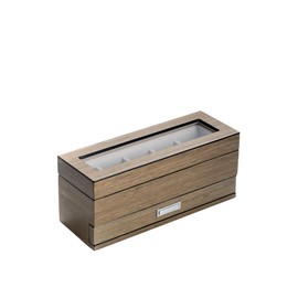 Bey-Berk BB647GRY Lacquered Silver Walnut Wood 5 Watch Box with Glass Top & 5 Compartment Accessory Drawer and Chrome Accents, Grey