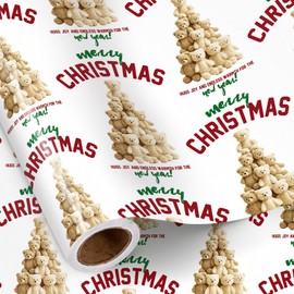 RUSPEPA Christmas Bear Wrapping Paper Roll, Mini Roll, Honey Bear Tree with "Merry Christmas" Text Design, Gift Wrap for Kids, Friends, Girls, Family, Holiday Party Gifts, 17 Inches x 16.4 Feet