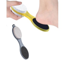 2Pcs 4 in 1 Foot Brush for Use in Shower with Pumice Stone, Rasp, Sandpaper & Foot Scrubber for Dead Skin Removal (Dark Grey,Yellow, 19.5 * 4.5 * 2cm)