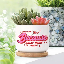 DecStic I Love Life Because What More is There Ceramic Planter Bible Verse Planters for Outdoor Plants with Drainage Holes and Saucers Pot for Outdoor Garden Home Plant