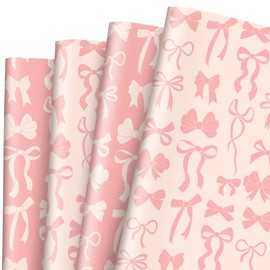 Whaline 8 Sheets Bow Wrapping Paper - Not Roll - Pink Beige Bowknot Gift Wrap Paper Folded Flat for Coquette Birthday Wedding DIY Crafts, 19.7 x 27.6 In