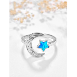 Dreamboat Sterling Silver Moon and Star Rings for Women Crescent Moon Ring Celestial Galaxy Ring Witchy Star Jewelry Adjustable Open Ring, 15, Sterling Silver, Blue Opal