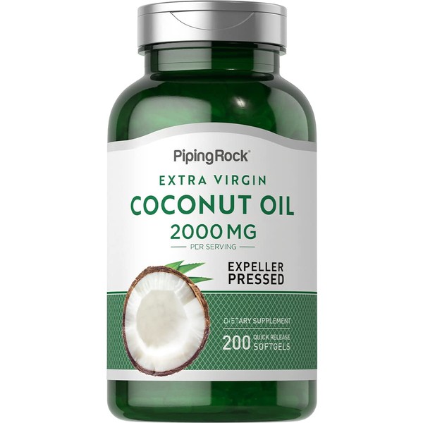 Piping Rock Coconut Oil Softgel Capsules 2000mg | 200 Count | Expeller Pressed | Extra Virgin | for Skin and Hair | Non-GMO, Gluten Free Supplement