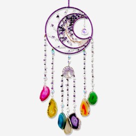 Agate Gem Large Dream Catchers, 7 Chakra Tree of Life Dream Catchers Wall Decor, Natural Agate Slice Crystal Wind Chime for Home Garden Suncatchers Decor, Adults Boys Girls Bless Gifts (Purple Moon)
