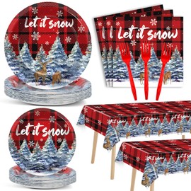 Christmas Let It Snow Party Supplies Disposable Paper Plates Napkins Forks Tablecloth for Winter Christmas Party Decorations Snowflake Red and Black Buffalo Plaid Disposable Tableware Set Serve 24