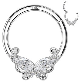 ALACLO - arete de aro para cartílago de oro macizo de 14 quilates, 16 G, 8 mm/10 mm, anillo para tabique de nariz, anillo, Daith, hélice, tragus, aretes de piercing, hipoalergénico, 8mm, Oro blanco,