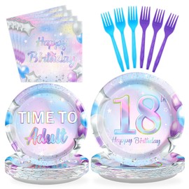 Grencian 96Pcs 18th Birthday Decorations Iridescent 18th Birthday Party Plates Disposable 350GSM Time to Adult Paper Tableware Set for Teen Girls 18 Years Old Party Supplies Serves 24