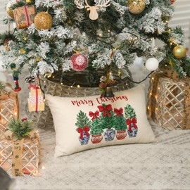 AVOIN colorlife Merry Christmas Green Trees Red Bow Chinoiserie Throw Pillow Cover, 12 x 20 Inch Seasonal Winter Holiday White Cushion Case Decoration for Sofa Couch