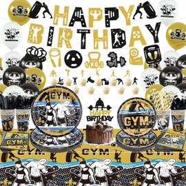 KEFAN Gym Party Decorations, Gym Birthday Party Supplies Packs, Weight Lifting Sports Fitness Party Supplies including HAPPY BIRTHDAY Banner, Plates, Napkins, Tablecloths, Tableware, Balloons, Gym Party Set Serves 20 (Banner)