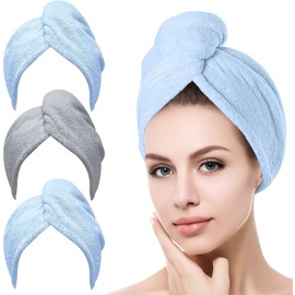 3 Pack Toalla Microfibra para Cabello, Toalla de Cabello Seco con Botones Gorro de Baño Ultra Absorbente de Agua, Secado de Pelo Súper Rápido, Turbante Suave para Mujer Anti Frizz (Azul Gris)