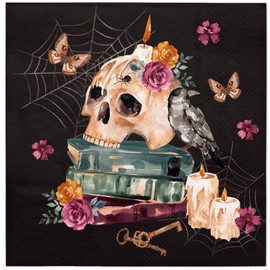 WRAPAHOLIC 50Pcs Gothic Halloween Cocktail Napkins - 3-Ply Vintage Floral Skull and Book Disposable Paper Napkins for Halloween, Birthday, Book Lover, Party - 5 x 5 In