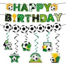 Soccer Hanging Swirl, 8 Pcs Soccer Birthday Party Decorations Set - Happy Birthday Football Banner, Football Themed Hanging Foil Swirls & Garland for Birthday Party Supplies
