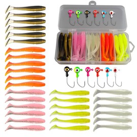 36 Pcs Fishing Lures with Heads Hooks Kit Artificial Soft Plastic Grubs Soft Fishing Soft Lures for Bass Freshwater Saltwater Crappie Trout