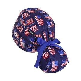 Scrub Caps Women Ponytail – USA Flag Print Double-Sided Printed Surgical Hat with Buttons and Sweatband, Soft Nurse Cap for Long Hair, Helps Reduce Static Buildup