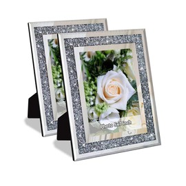 Crush Diamond Mirror Photo Frame In Bling Sparkle Crystal Silver Glass Finish, For Picture Size 5x7 inch, Pack of 2 Piece, table top Stand frame & Wall Frame.