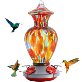 Birdkiss Hummingbird Feeder, Hand Blown Glass Hummingbird Feeders for Outdoors, Never Fade, 28 Fluid Ounces, 4 Feeding Metal Stations, Garden Backyard Decorative, Present for mom(Rainbow)