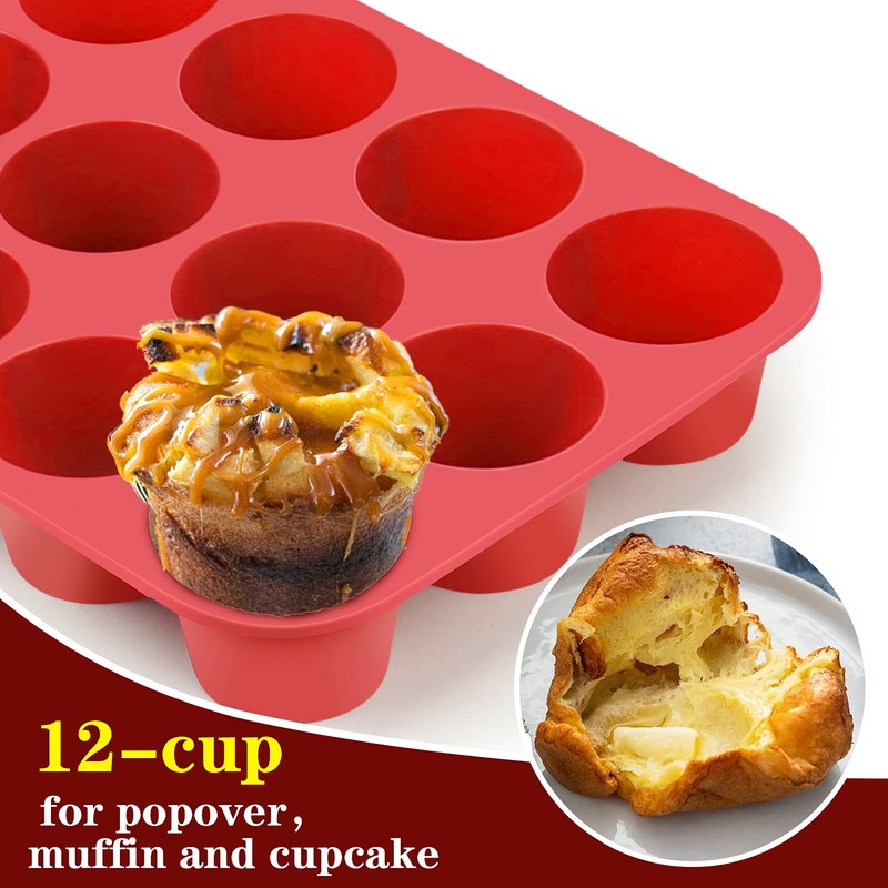Vodolo 12-Cup Silicone Professional Non-Stick Popover Pans for Muffins, Brownies