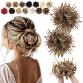 FeidyLong 2PCS Messy Bun Hair Piece - Large Elastic Wavy Curly Hair Bun Scrunchies Ponytail Extensions Synthetic Chignon Thick Updo Hairpieces for Women 2.12oz each(Light Brown Mix Ash Blonde)