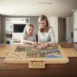 HALLYBEE Puzzle Table 1500 Pieces Wooden Puzzle Board with Legs, 34.3”x 26.5” Jigsaw Board with 4 Drawers and Cover, Foldable Leg Jigsaw Table for Adults Natural