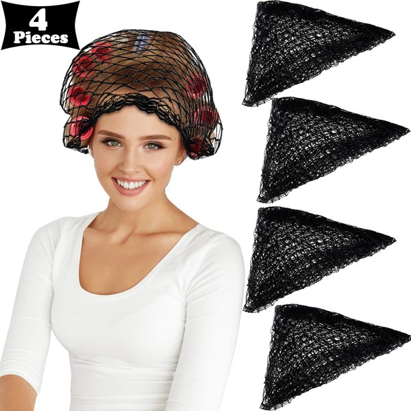 4 Pieces Triangle Hair Net for Rollers, Women Hair Net Mesh Hair Net Triangular Hair Setting Net for Sleeping, 35 x 35 x 57 Inches (Black)