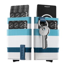 VULKIT Women Card Holder with Elastic Pocket and Keychain, Minimalist Slim Pop up Credit Card Wallet RFID Blocking for Women (Stripe-Blue-White)